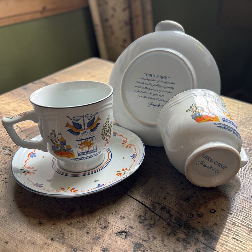 Vintage Georges Briard Bird Cage Cup & Saucer Set 2 Cups 2 Saucers Quimper Style